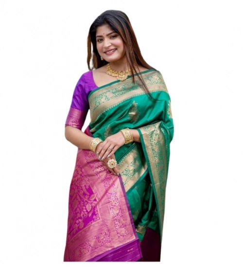 Women's Katan_Silk Zari_Weaving Saree With Unstitched Blouse 5.5Mtr (Dark_Green)