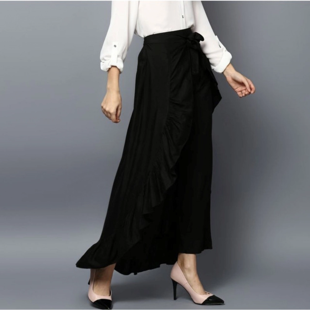 Women's Rayon Ruffled Elasticated Skirt (Black)