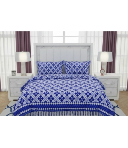 Fleece Geometric Double Polar Warm Bedsheet with 2 Pillow Cover (Blue)
