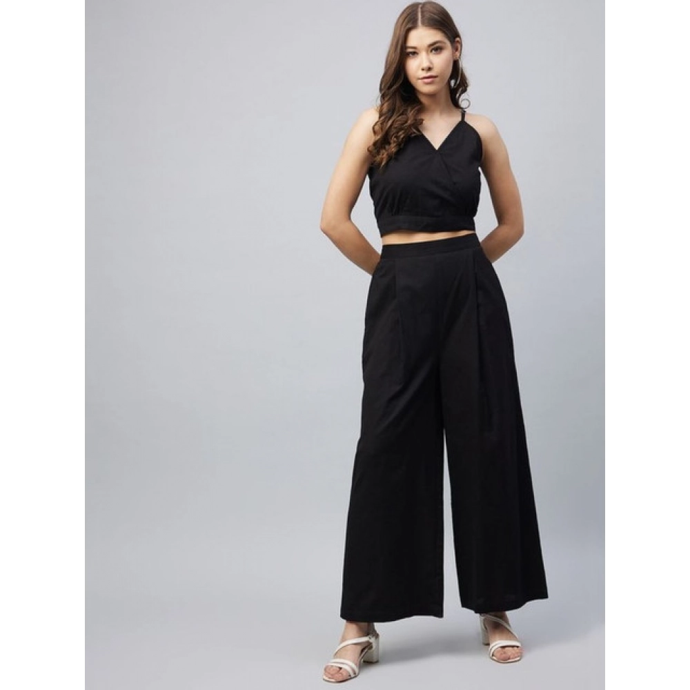 Women's Cotton Linen Solid Sleeveless Crop Top and Palazzo Set (Black)