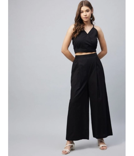 Women's Cotton Linen Solid Sleeveless Crop Top and Palazzo Set (Black)