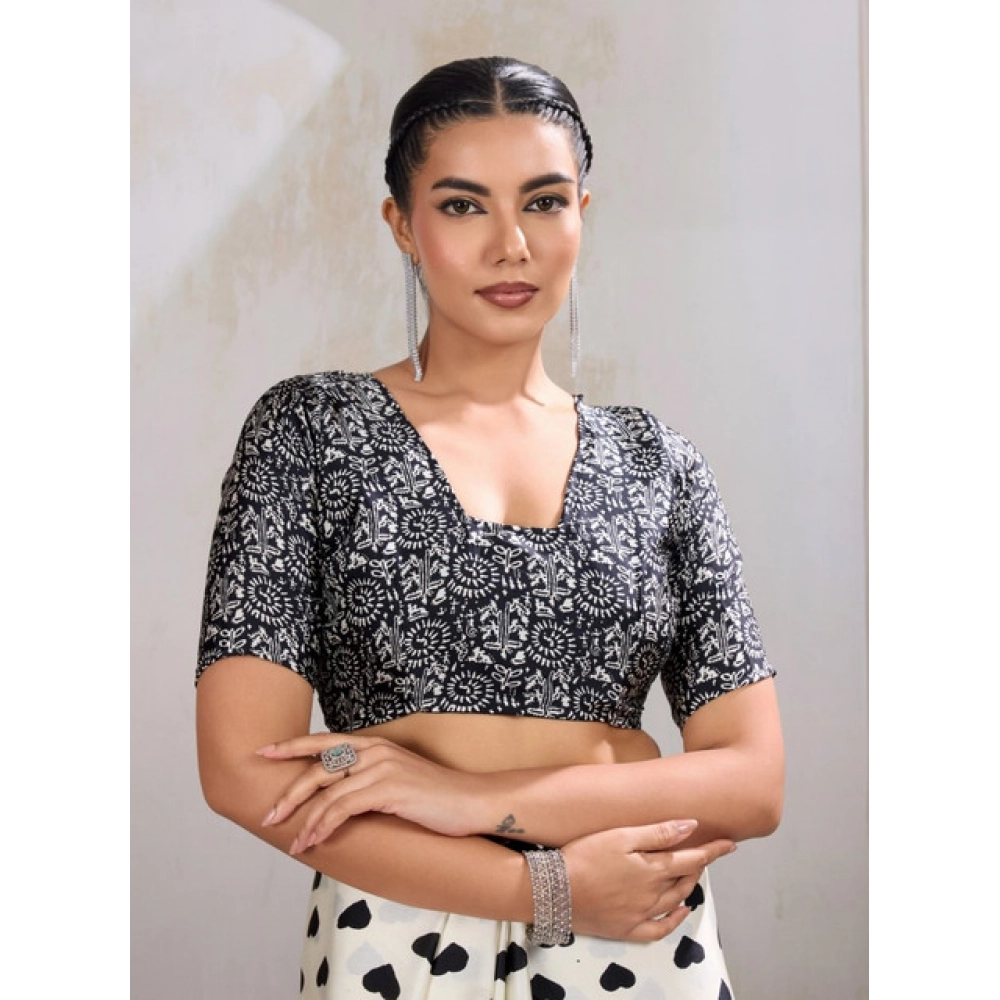 Women's Satin Crepe Printed Saree With Unstitched Blouse 5.5Mtr (White)