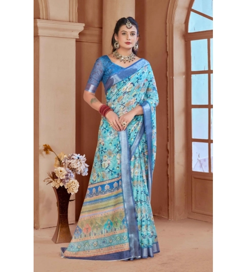 Women's Printed Cotton Linen Saree withPrinted  Saree With Unstitched Blouse (Light Blue, 5-6Mtrs)