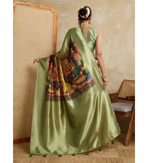 Women's Silk Printed Saree With Unstitched Blouse 5.5Mtr (Mehendi)