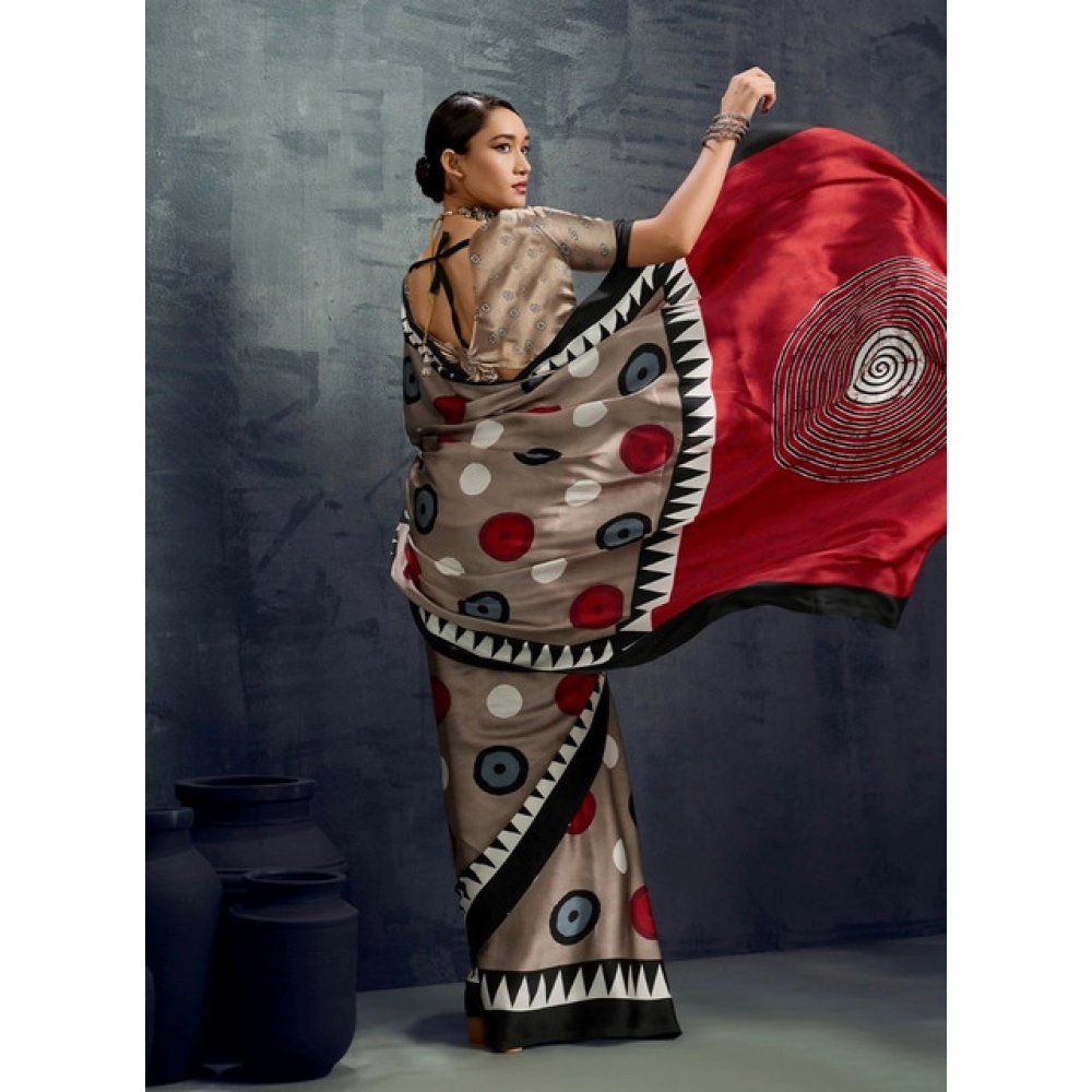 Women's Satin Crepe Printed Saree With Unstitched Blouse 5.5Mtr (Grey)