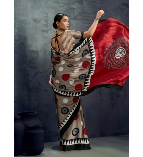 Women's Satin Crepe Printed Saree With Unstitched Blouse 5.5Mtr (Grey)