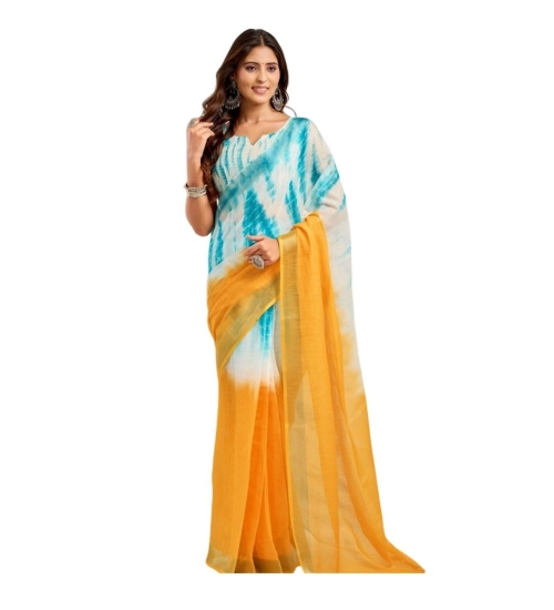 Women's Linen Cotton Printed Ready To Wear Saree With Unstitched Blouse 5.5 Mtr (Aqua_Blue)
