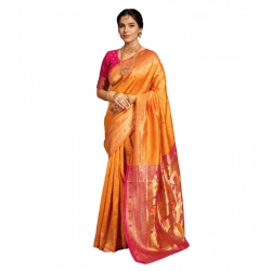 Women's Silk Blend Zari Weaving Saree With Unstitched Blouse 5.5Mtr (Orange)