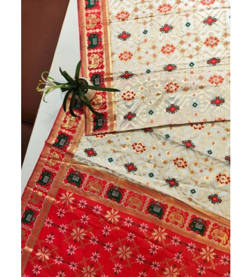 Women's Patola Silk Meena And Zari Woven Saree With Unstitched Blouse 5.5Mtr (White) Women's Patola Silk Meena And Zari Woven Saree With Unstitched Blouse 5.5Mtr (White)