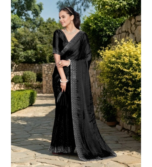 Women's Rangoli Diamond Weaving - Stone Work Saree With Unstitched Blouse 5.5Mtr (Black)