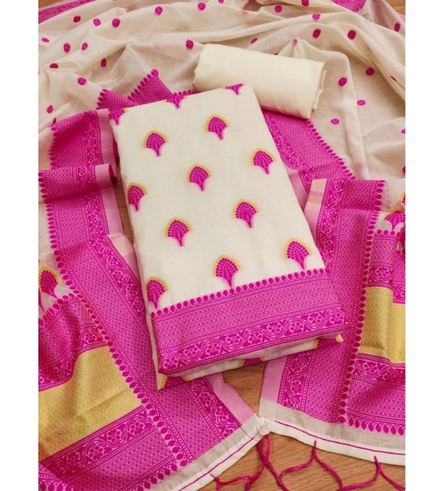 Women's Banarasi Silk Printed Unstitched Salwar Suit Material With Dupatta (Pink, 3Mtrs)