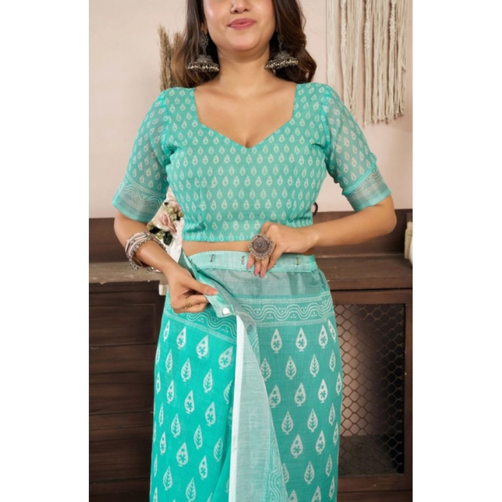 Women's Faux Linen Leaf Print Ready to wear Saree With Unstitched Blouse 5.5Mtr (SeaGreen) Women's Faux Linen Leaf Print Ready to wear Saree With Unstitched Blouse 5.5Mtr (SeaGreen)