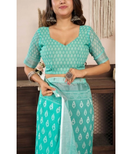 Women's Faux Linen Leaf Print Ready to wear Saree With Unstitched Blouse 5.5Mtr (SeaGreen)