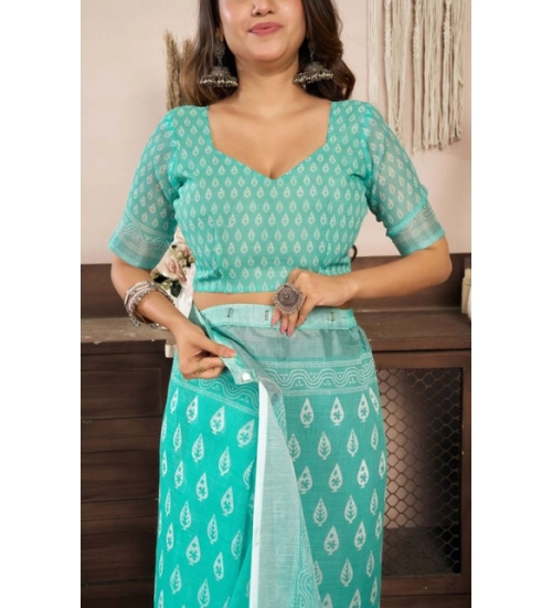 Women's Faux Linen Leaf Print Ready to wear Saree With Unstitched Blouse 5.5Mtr (SeaGreen)