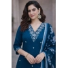 Women's Chanderi Silk Ethnic Motif V-Neck 3/4th Sleeve Kurti With Pant Dupatta Set (Teal)