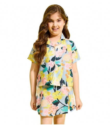 Girl's Polyester Cotton Blend Pattern-Floral Short Sleeves Skorts Set (Blue-Multicolor)
