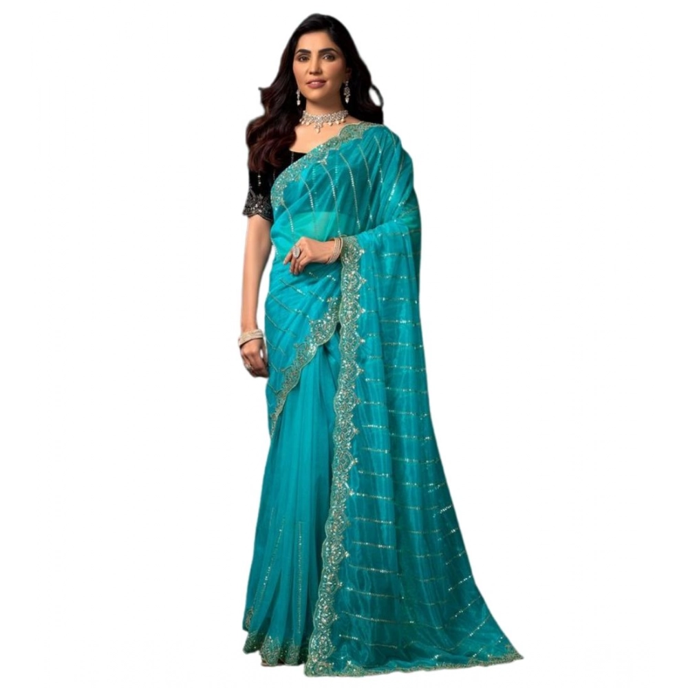 Women's Net Sequence Saree With Unstitched Blouse 5.5Mtr (Turquoise) Women's Net Sequence Saree With Unstitched Blouse 5.5Mtr (Turquoise)
