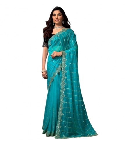 Women's Net Sequence Saree With Unstitched Blouse 5.5Mtr (Turquoise)