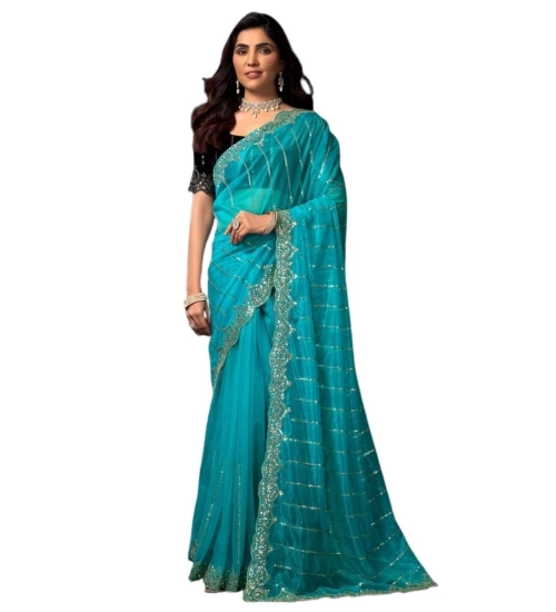 Women's Net Sequence Saree With Unstitched Blouse 5.5Mtr (Turquoise) Women's Net Sequence Saree With Unstitched Blouse 5.5Mtr (Turquoise)