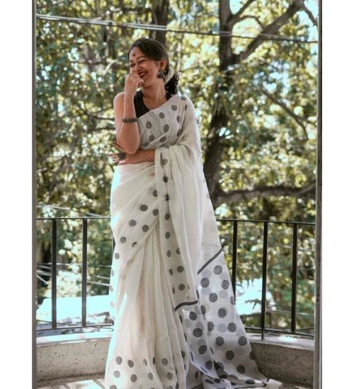 Women's Soft Lilan Printed Saree With Unstitched Blouse 5.5Mtr (White)