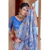 Dropship Women's Printed Cotton Linen Saree withPrinted  Saree With Unstitched Blouse (Blue, 5-6Mtrs)