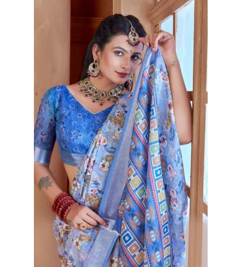 Women's Printed Cotton Linen Saree withPrinted  Saree With Unstitched Blouse (Blue, 5-6Mtrs)