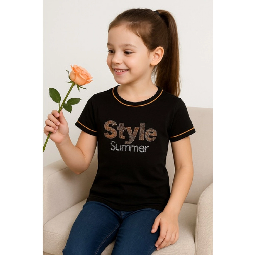 Girl's Cotton Printeded Round Neck T-Shirt (Black)
