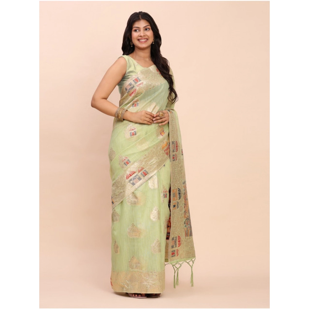 Women's Linen Cotton Printed Saree With Unstitched Blouse 5.5Mtr (Light Green) Women's Linen Cotton Printed Saree With Unstitched Blouse 5.5Mtr (Light Green)