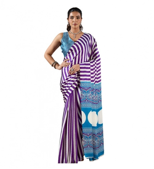Women's Satin Crepe Printed Saree With Unstitched Blouse 5.5Mtr (Purple)
