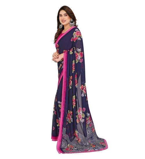 Women's Georgette Printed Saree With Unstitched Blouse 5.5Mtr (Blue)