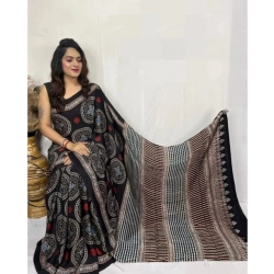 Women's Satin Printed Saree With Unstitched Blouse 5.5Mtr (Black)