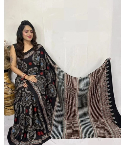 Women's Satin Printed Saree With Unstitched Blouse 5.5Mtr (Black)
