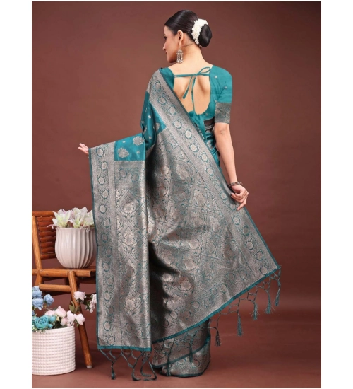 Women's Banarasi Silk Printed Saree With Unstitched Blouse 5.5Mtr (Sea Green)