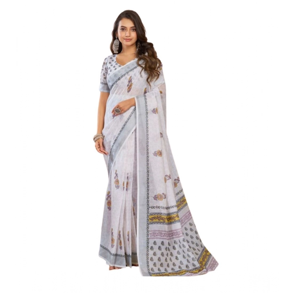 Women's Linen Cotton Printed Ready To Wear Saree With Unstitched Blouse 5.5 Mtr (Off_White)