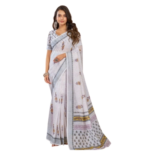 Women's Linen Cotton Printed Ready To Wear Saree With Unstitched Blouse 5.5 Mtr (Off_White)