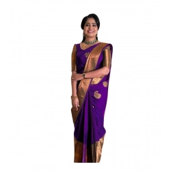 Women's Soft Lichi Silk Printed Saree With Unstitched Blouse 5.5Mtr (Purple)