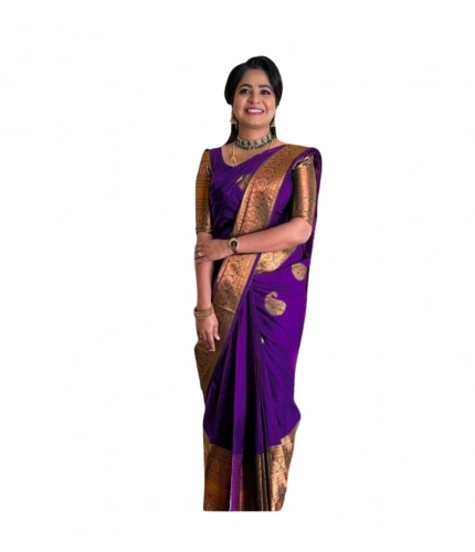 Women's Soft Lichi Silk Printed Saree With Unstitched Blouse 5.5Mtr (Purple)