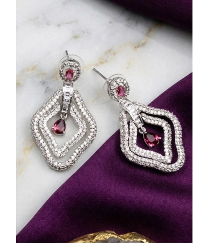 Women's Brass Silver Plated Drop Earrings (Red)