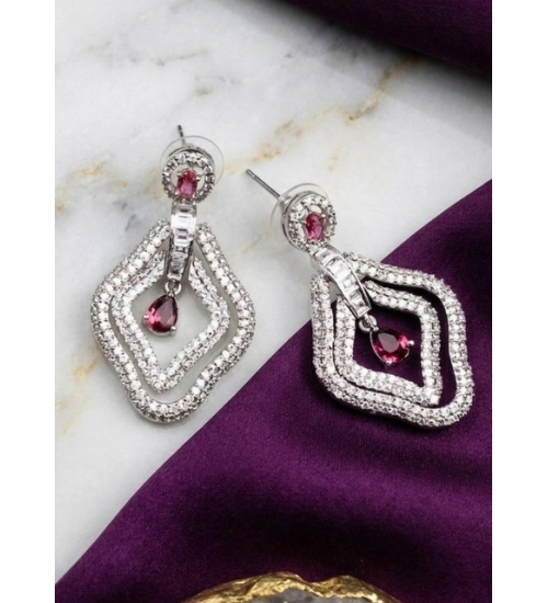 Women's Brass Silver Plated Drop Earrings (Red)