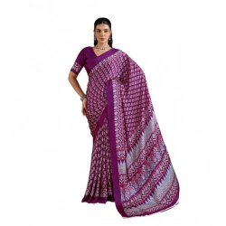 Women's Satin Crepe Printed Saree With Unstitched Blouse 5.5Mtr (Purple)