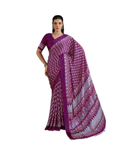 Women's Satin Crepe Printed Saree With Unstitched Blouse 5.5Mtr (Purple)