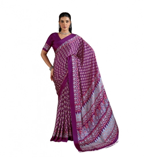 Women's Satin Crepe Printed Saree With Unstitched Blouse 5.5Mtr (Purple)