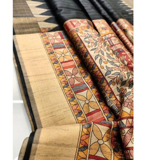 Women's Tussar Silk Madhubani Saree With Unstitched Blouse 5.5Mtr (Black)