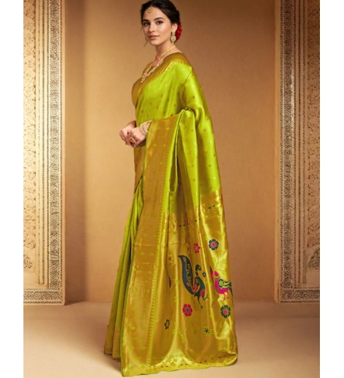 Women's Silk Blend Zari Weaving Saree With Unstitched Blouse 5.5Mtr (Lime-Green)
