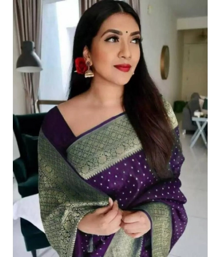 Women's Litchi silk Printed Saree With Unstitched Blouse (Purple)