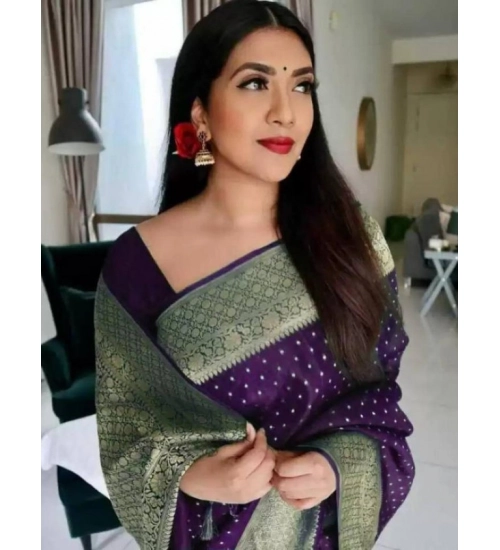 Women's Litchi silk Printed Saree With Unstitched Blouse (Purple)