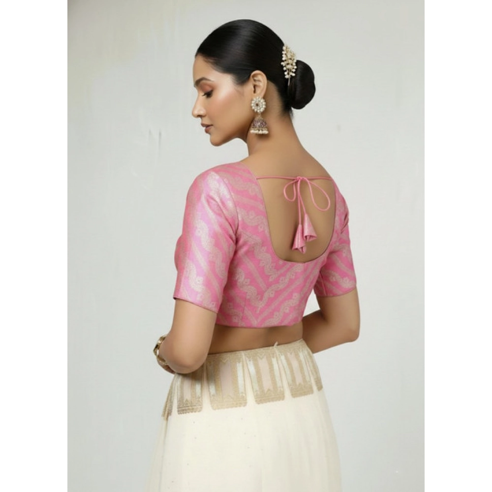 Women's Jacquard Zari Round Neck Padded Blouse (Light Pink 38 Ready (Self Alterable 36–40)