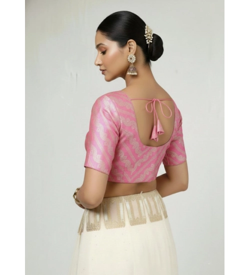 Women's Jacquard Zari Round Neck Padded Blouse (Light Pink 38 Ready (Self Alterable 36–40)