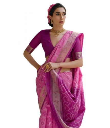 Women's Silk_Blend Ethnic Ikat Pattern Saree With Unstitched Blouse 5.5Mtr (Pink)