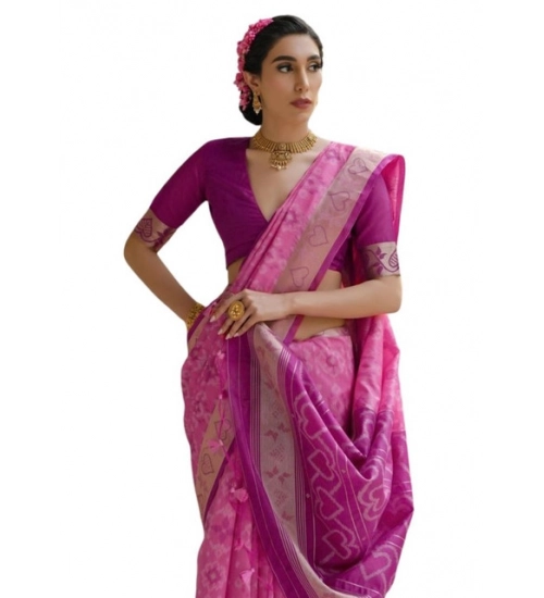 Women's Silk_Blend Ethnic Ikat Pattern Saree With Unstitched Blouse 5.5Mtr (Pink)